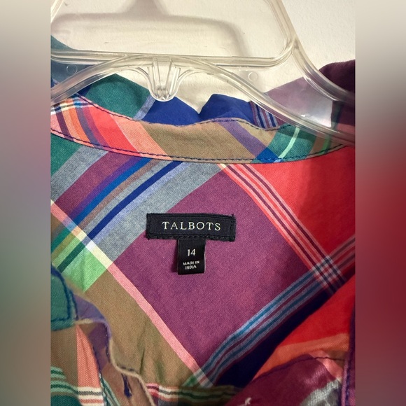 TALBOTS Madras Button Front Cotton Shirt Dress Multicolor Plaid Sz 14 - Picture 2 of 4